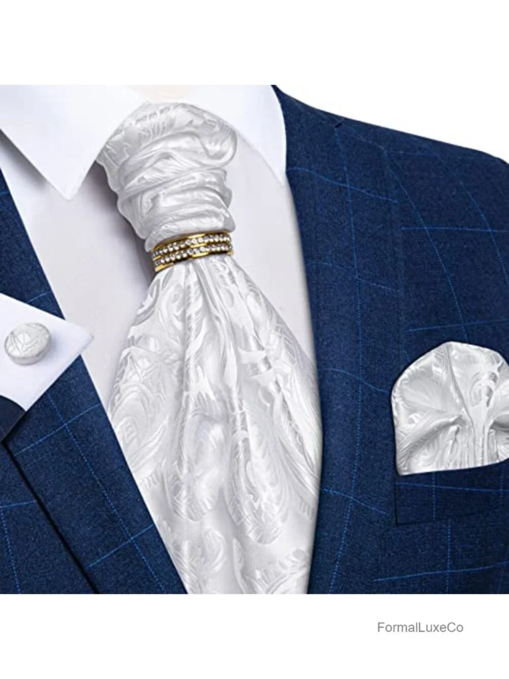 Silk Ascot Tie Set with Pocket Square, Cufflinks & Tie Ring for Men - Wedding